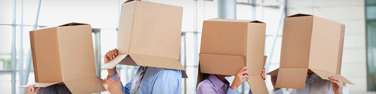 Professionals with moving boxes on their heads